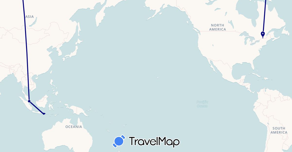 TravelMap itinerary: driving in Canada, Indonesia, Singapore (Asia, North America)